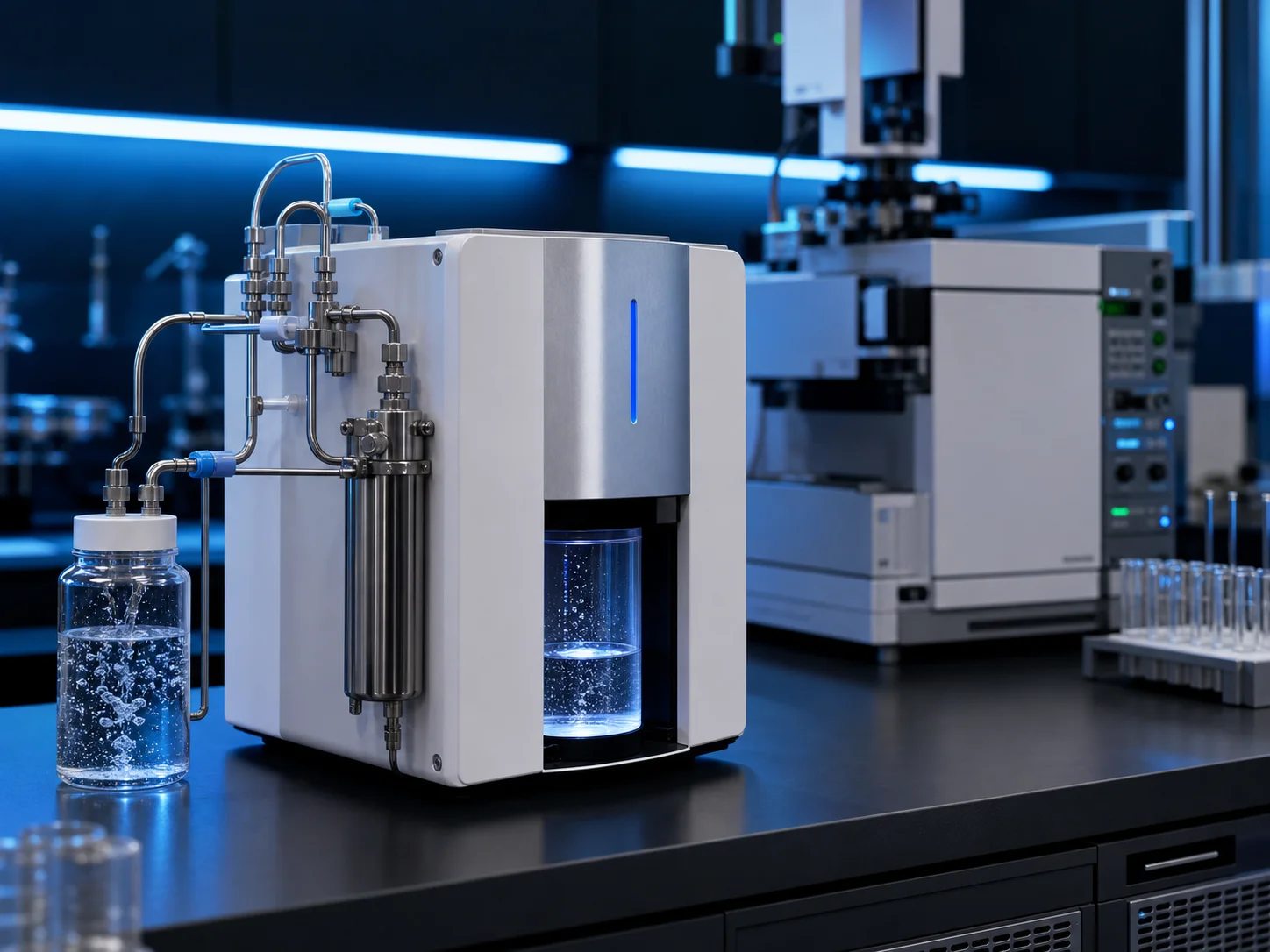 Laboratoryjny generator wodoru podłączony do aparatury analitycznej